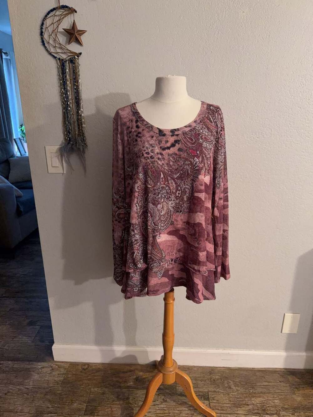 One World Live and Let Live Paisley Camo Layered Long Sleeve Top Size 3X